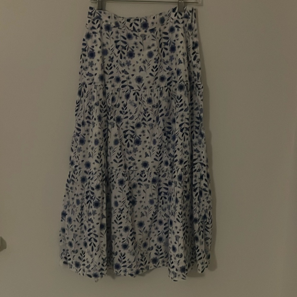 Blue and white floral tiered maxi skirt